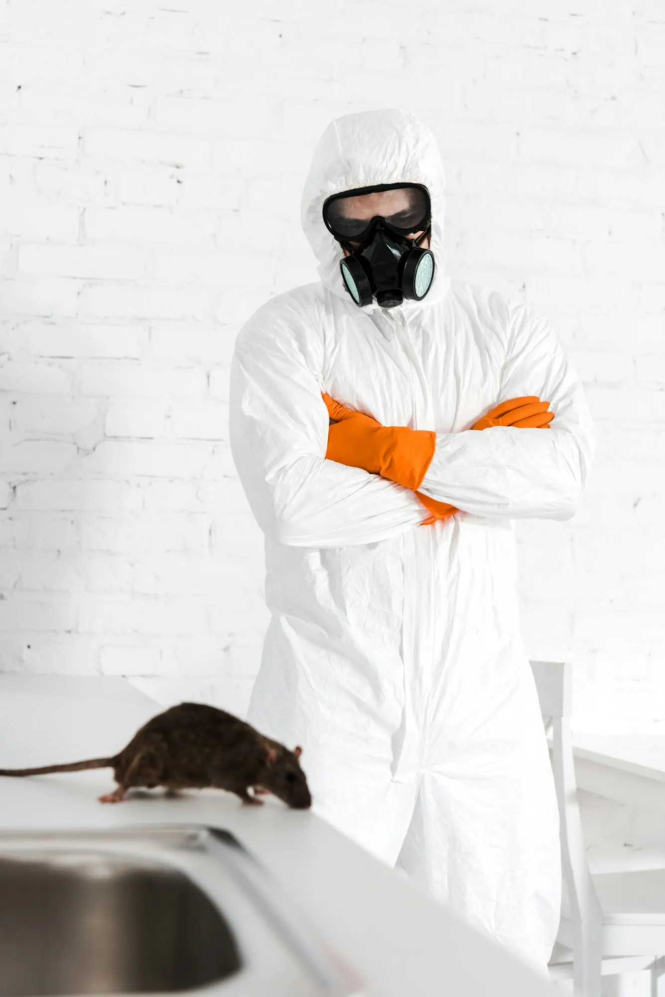 Technicien en combinaison de protection face à un rat dans une cuisine
