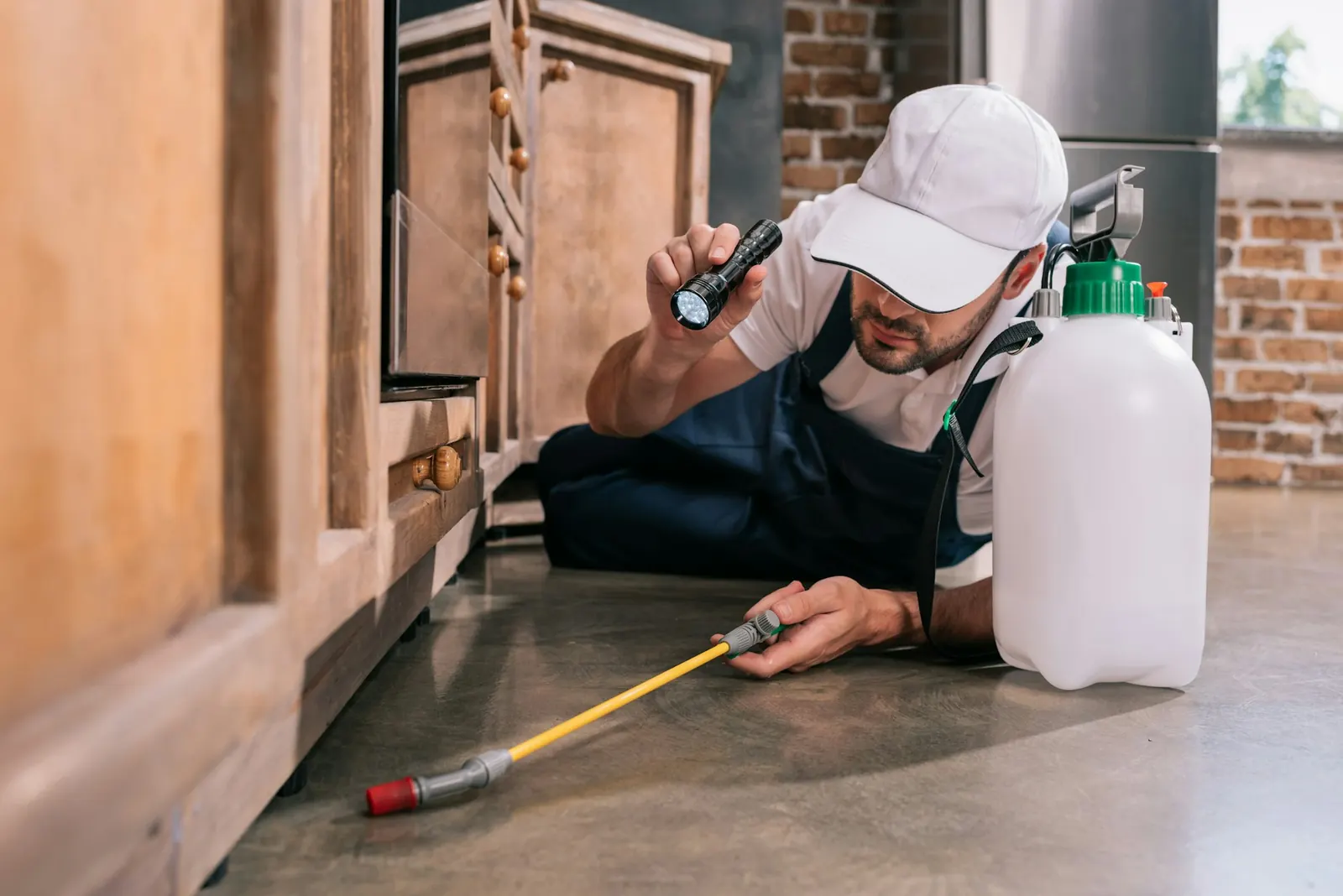 Technicien appliquant un traitement sous les meubles d’une cuisine