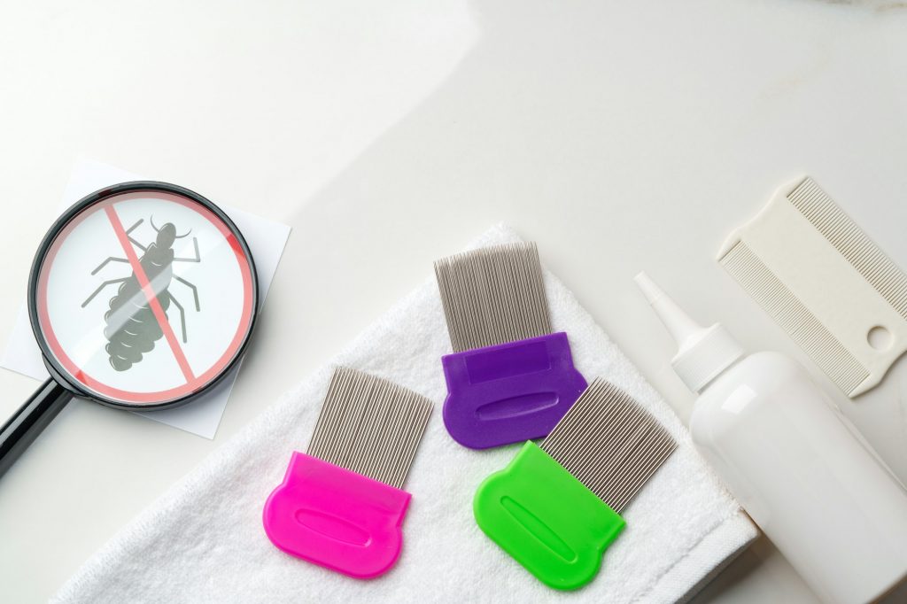 Comb, anti lice medicine and towel on white background